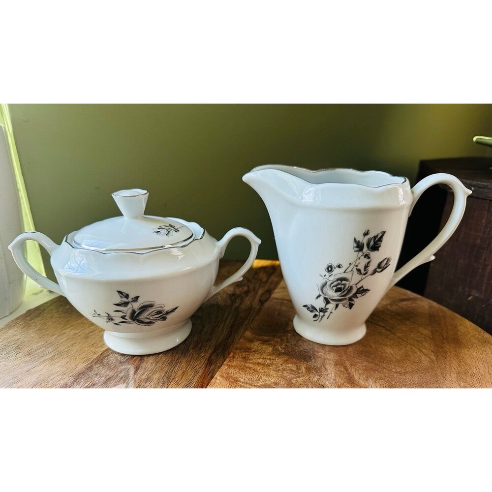 MCM Cmielow Rosalie Black Rose Cream & Sugar Set Poland
